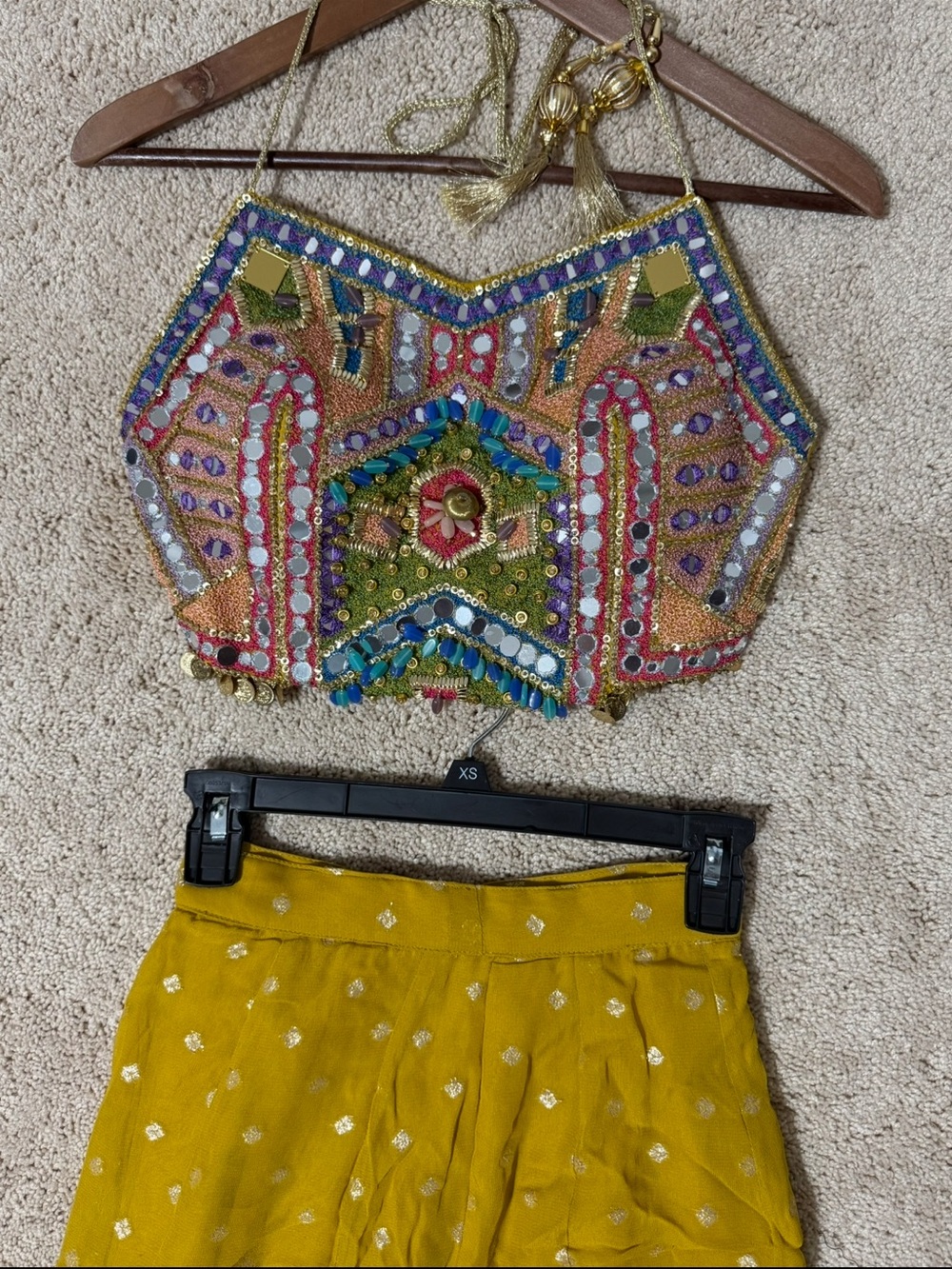Embellished Multicolor Halter Crop Top with Yellow palazzo pants - Picture 2 of 3